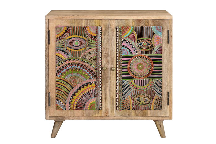 GINER Y COLOMER - Buffet 2 portes en bois de manguier naturel avec motifs ethniques peints à la main - 60 x 60 x 30 cm